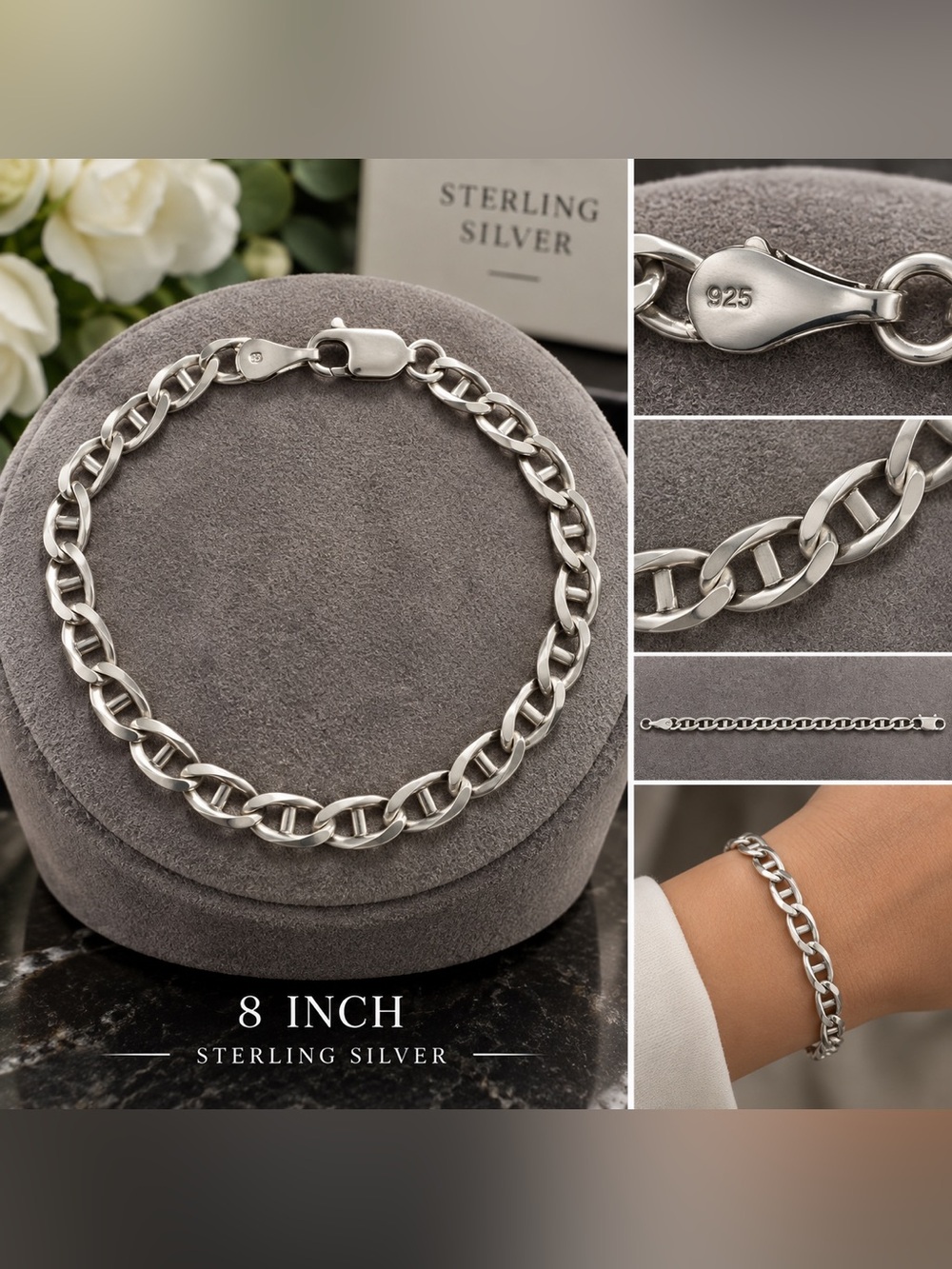 .925 Sterling Silver Unisex Chain Bracelet - 8 Inch